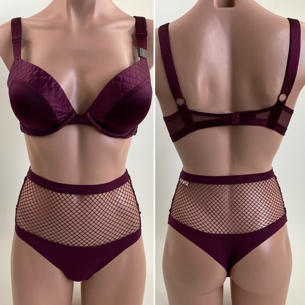 Victoria's Secret Padded Push Up Bra 32D Thong XS Burgundy Set NWT